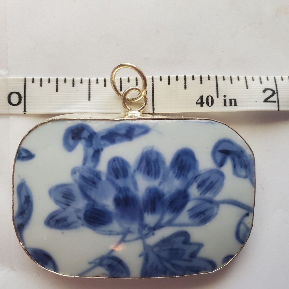 Vintage Ming Blue & White Porcelain Floral Pendant Chinoiserie Pottery Shard - Picture 10 of 12